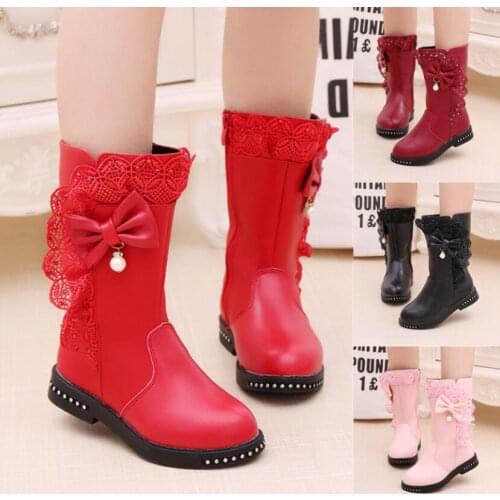 Autumn Kids single boots childrens snow boots winter warm girls boots Leather fashion princess boots plus velvet lace bow shoes