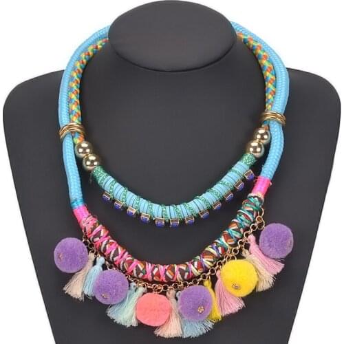Popular Women Wedding Accessories Jewelry Bohemia Multi Layer Rope Chain Statement Collar Pompom Tassel Pendants and Neckalces