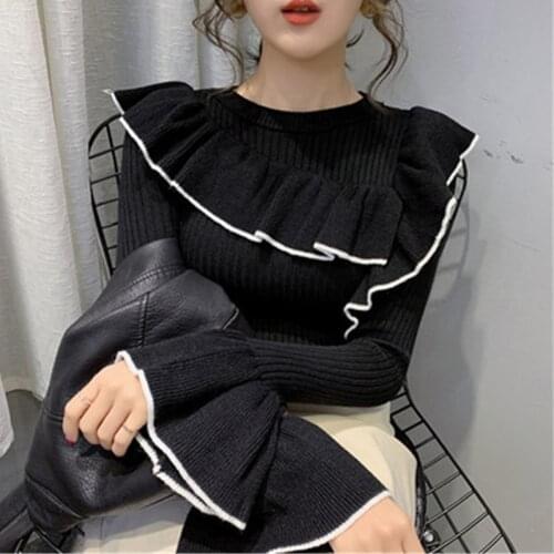 Ruffled pullover Sweater Women 2020 New Autumn Winter Korean Fashion Round Neck All-Match Retro Short Knitting Sweaters Female