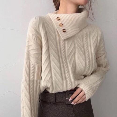 Heydress 2020 Winter Women Elegant Solid Long Sleeve Warm Sweater Lady Botton Turtleneck Knitted Pullovers Female Korean Tops