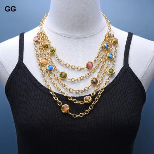 GuaiGuai Jewelry Punk Style 5 Rows Multi Color Cat Eye Gold Color Plated Chain Layers Long Necklace 19" For Women