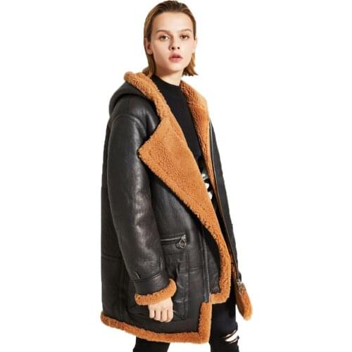 Denny&Dora Womens Warm Hooded Sheepskin Shearling Jacket Coat