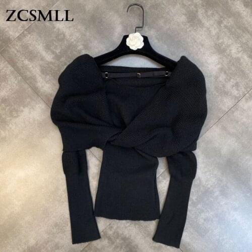 ZCSMLL 2021 Spring Autumn One-shoulder Long-sleeved Women Pullover Twisted Cloak Fake Two-piece Designer Temperament Sweater