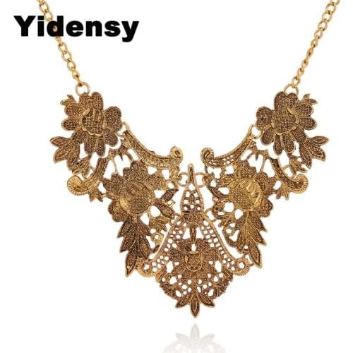 Yidensy Fashion Metal Lace Pendant Bib Necklaces Antique Gold Silver Color Hollow Flower Filigree Choker for Women Party Jewelry
