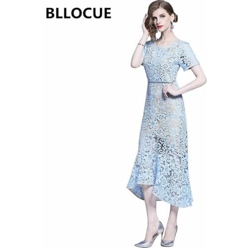 BLLOCUE 2020 Summer New Fashion Runway Dress Womens Short Sleeve Hollow Out Blue Lace Slim Fish Tail Dress