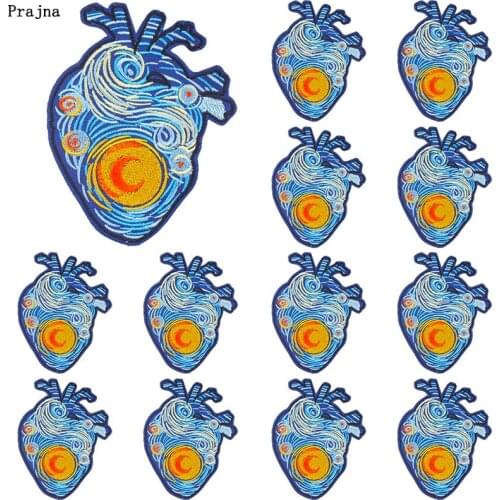 Prajna 10 PCS Wholesale Van Gogh Heart Applique Embroidered Patches On DIY Clothes Colorful Space Iron On Patches For Clothing