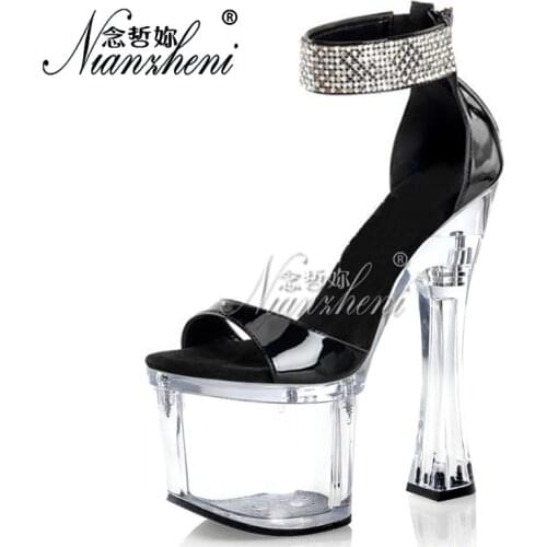 18cm Super High heeled Concise Elegant Patent leather Rhinestone Womens Sandals 7 inches shoes All match Trend Spool heels Sexy