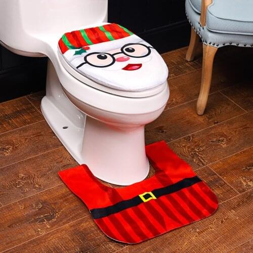 2Pcs/set Christmas Xmas Decoration Santa Toilet Seat Cover Rug Bathroom decor Foot Pad Seat Cover