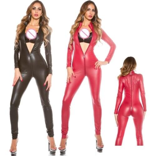 Shiny Wetlook Faux Leather Bodysuit Sexy Women Elastic 2way zipper Open Crotch Jumpsuit Nightclub Dance Wear Erotic Lingerie