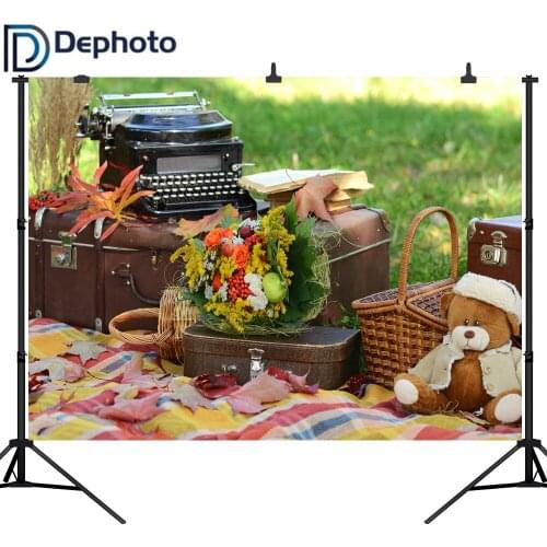 DePhoto Backdrop for Photographic Studio Grass Nature Autumn Picnic Bear Toy Professional Background Photocall Photobooth