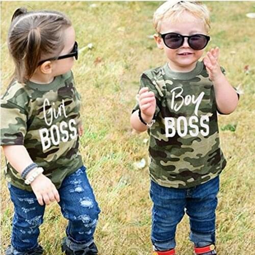 Toddler girl boys summer clothing set top camo camouflage GIRL BOSS BOY BOSS letter print top t shirt + hole denim jeans shorts
