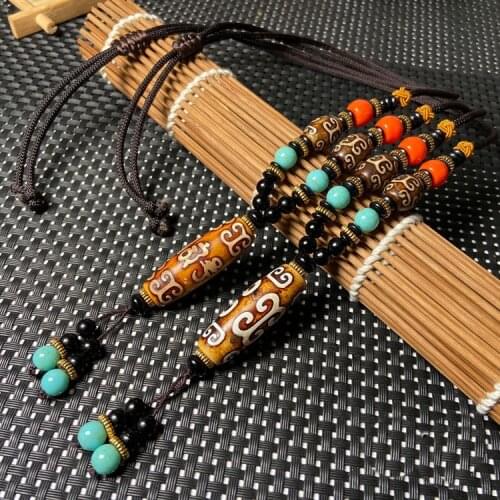 Ancient Natural Tibetan Dzi Agates Pendant Necklace Yellow Coffee Agat Stone Adjustable Long Necklace for Women Men Healing