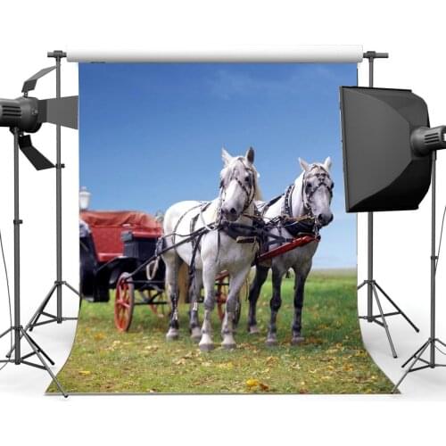 Sightseeing Carriage Backdrop Rustic Farmland Backdrops Falling Golden Leaves Green Grass Meadow Nature Background