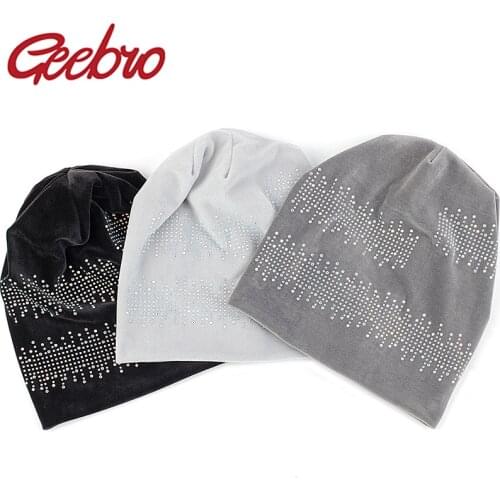Geebro Fashion Women Wave Rhinestone Pullover Beanies Hat Winter Warm Gold Velvet Skullies Caps Female Thick Girls Soft Caps