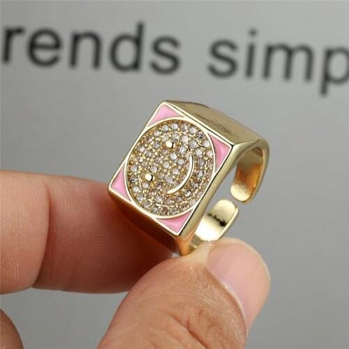 White Crystal Small Zircon Full Stone Ring Male Female Big Square Cute Smiley Ring Dainty Gold Color Wedding Rings For Women Men