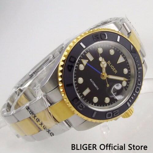 Sapphire Crystal BLIGER Automatic Mens Watch 40MM Black Dial Gold Plated GMT Function Mental Strap
