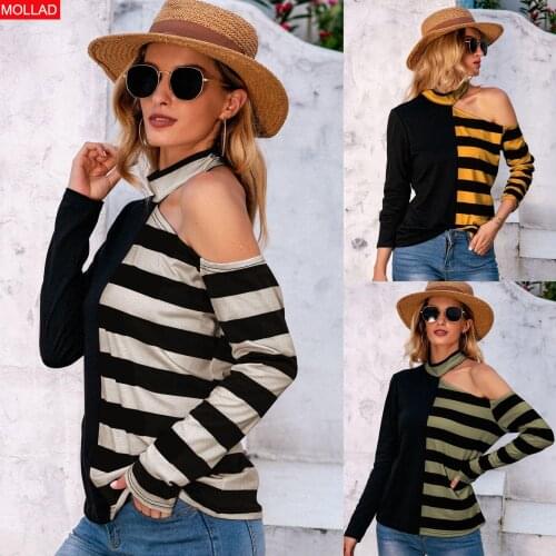 2021 New Autumn and Winter Womens Casual Loose off-Shoulder Striped Long-Sleeved Sweater for Women