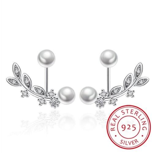 Newest 925 Sterling Silver Ear Jewelry Front Back Double Sided Leaves Petals Zirconia Pearl Stud Earrings brincos S-E265