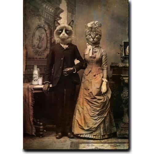 General Cats Couple Classical Canvas Paintings on the Wall Art Posters and Prints Animals in a Suit Pictures Home Decoration
