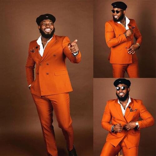 Orange Plus Size Men Suits Wear Wedding Blazer Tuxedos Black Peaked Lapel Clothes for Groom Prom Coat Pants 2 Pieces