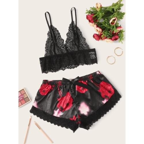 Women Sexy Nightwear Lace Floral Lingerie V-Neck Sling Thin Straps Vest Elastic High Waist Sleeping Bow Pants Pajama Sets