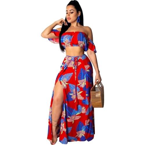 Two Pieces Women Dresses Sexy Strapless Top and Long Slit Skirt Cotton Summer Dress Two Pieces Outfit Print Pattern Women Sets