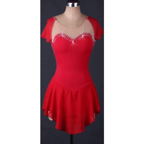 New Ice Skating Dance Competition Dress Female Latin Dance Performance Clothes Short Sleeve Red Shiny Crystal Dresses DQL3314