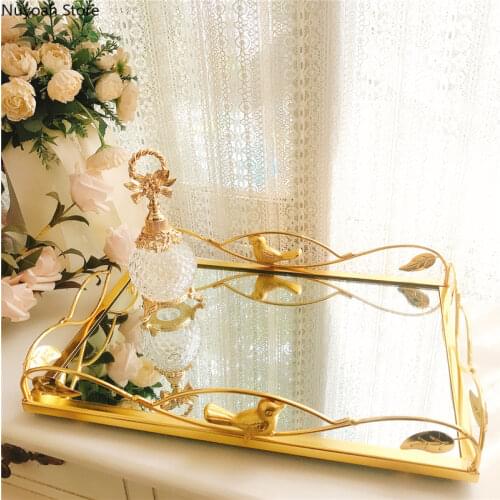 Luxury Golden Bird Tray Mirror Glass Metal Storage Tray Home Decoration Bathroom Decoration Creative Living Room Display Tray