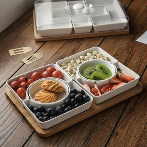 Nordic Ceramic White Compartment Fruit Snack Tray with Dustproof Plastic Lid Simple Household Multi-frame Dried Fruit Tray Tray