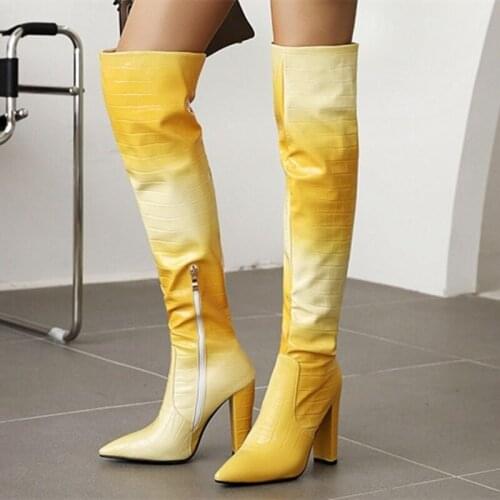 Mixed Gradient Color Fancy Shoes Women Knee High Boots Sexy Pointy Toe Chunky Heel Half-Side Zip Big Size 10.5