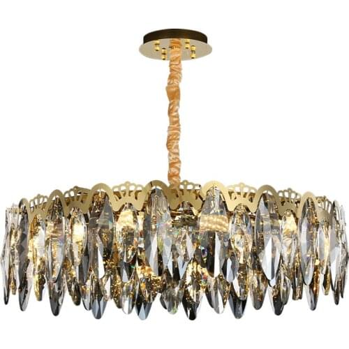 LED Postmodern Round Golden Stainless Steel Crystal Chandelier Hanging Light Lustre Suspension Luminaire Lampen For Dinning Room