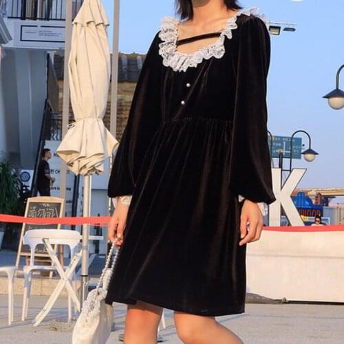 SXGOTH Dress Midi Lolita Aesthetic Loose Lace Square Neck Halloween Ladies Fairy Grunge Kawaii Lantern Sleeve Chiffon Ruffle