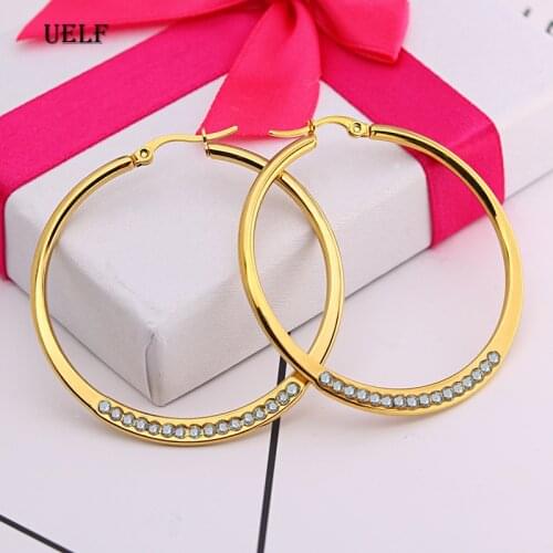 Uelf Big Crystal Hoop Earrings Large Classic Rhinestone Circle Earring For Women Party Round Trendy Brinco
