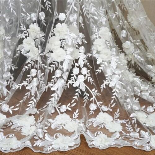 High End Embroidery Applique Lace Fabric Lux 3D Chiffon Flowers Nail Bead Wedding Dress Fabric For Gowns Evening Dress Cloth