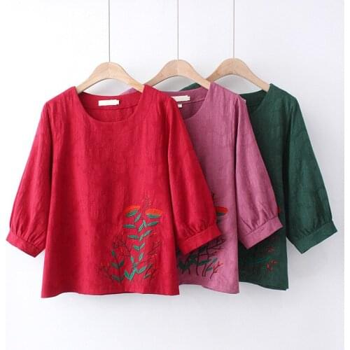Plus Size Shirt For Women O-Neck Natural Cotton And Linen Chinese Wind Element Embroidery Pattern Long Sleeve Shirt In Spring