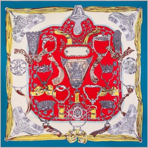 POBING 100% Silk Square Scarf Women Royal Crown Print Neckerchief Large Hijab Silk Foulard Lady Square Scarves Bandana 130*130CM