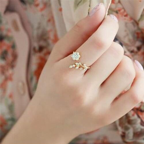 Women Ring Temperament Crystal Twisted Leaves Flower Opening Ring For Women Party Jewelry Gift