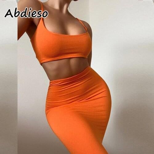 Abdieso Summer Sexy Party Bodycon Dress Women Two Piece Sets 2021 Sleeveless Backless Casual Y2K Crop Top and Skirts Fashion