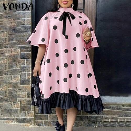 Women Summer Dress Vintage Polka Dot Swing Party Midi Dress 2021 VONDA Casual Flare Sleeve Shorts Sleeve Beach Sundress S