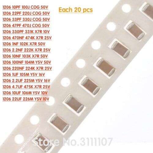 320PCS/LOT 1206 SMD 10PF~22UF 3216 Capacitor Assorted kit ,16values*20pcs=320pcs Samples Kit Electronic Diy Kit