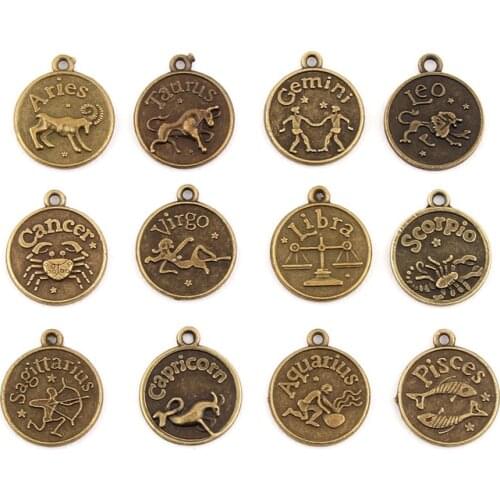 3sets Bronze Metal Round Tag Zodiac Constellation Charm Pendant 18mm Metal Bracelet Necklace DIY Jewelry Findings
