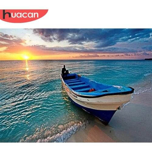 HUACAN 5D Diy Diamond Painting Boat Wall Art Embroidery Sunset Mosaic Seaside Landscape Cross Stitch Diamond Art