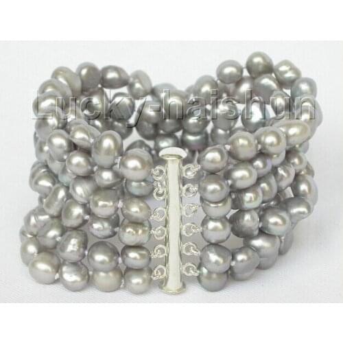 Free shipping 8" 6row 9mm baroque Gray pearls bracelet bangle magnet clasp