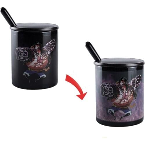 ONE PIECE Cartoon Luffy Gear fourth Anime Coffee Mug & Cover & Spoon Color Changing Magic Heat Reveal Cups Milk Tea Mugs Gifts