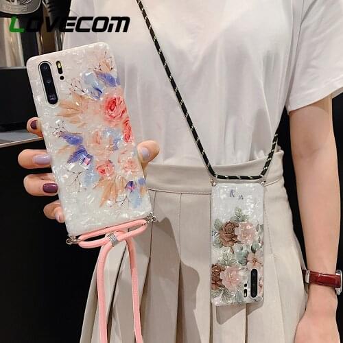 LOVECOM Shell Texture Hanging Rope Case For Huawei P40 P30 P20 Mate 20 Pro For Samsung S20 Note 20 10 Case Soft IMD Back Cover