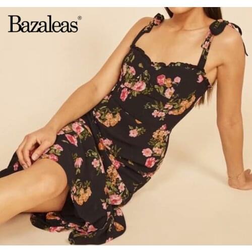 Bazaleas Fashion Floral Print Black women Dresses Chic Adjust spaghetti strap Women midi Dress Ruffles vestidos