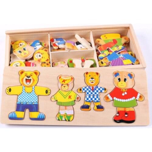 Baby Puzzles Toys Little Bear Changing Clothes Wooden Box Educational Toy Jigsaw Puzzle Dressing Game For Children Gift