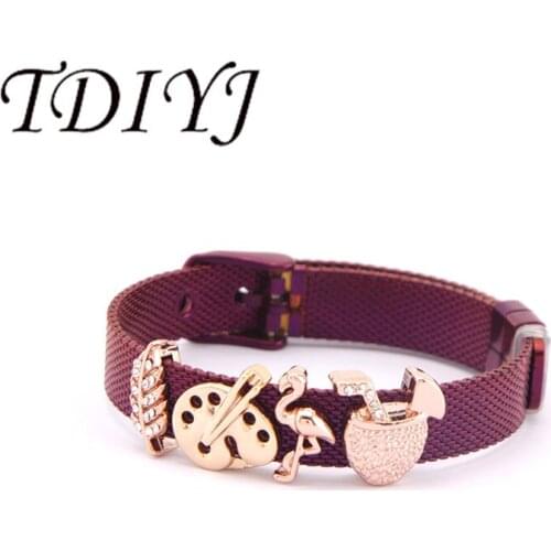 TDIYJ Purple Stainless Steel Mesh Bracelet With Travel Flamingo Sketch Camp Charms Women Men Jewelry Gift 1Set