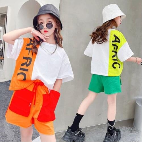 2021 Summer Girls T-Shirt+Cargo Shorts Fashion Patchwork Hip Hop Performance Suits Children Clothing Sets Teenager 6-16Y Wz263
