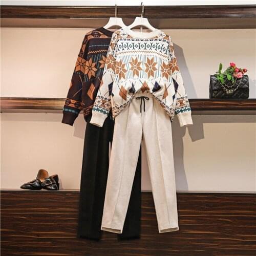 2020 Fall Winter Retro geometric jacquard Oversize Sweater Woolen Pants Knitted Two piece set Loose Pullovers Top Trousers Suit